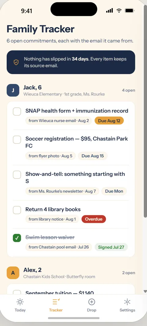 FridayFolder family tracker — every commitment with its source email